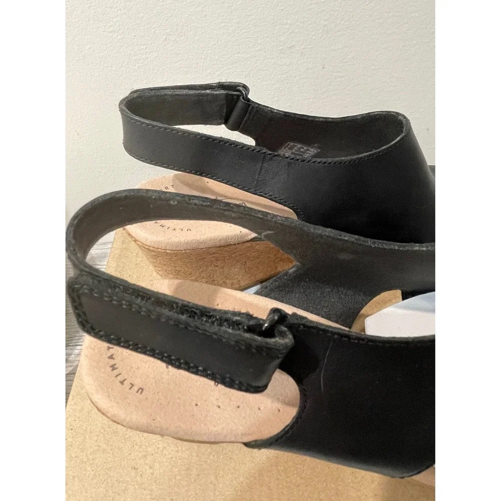 Clarks‎ Lafley Joy Black Leather Perforated Wedge Sandals 8.5M 45421 New